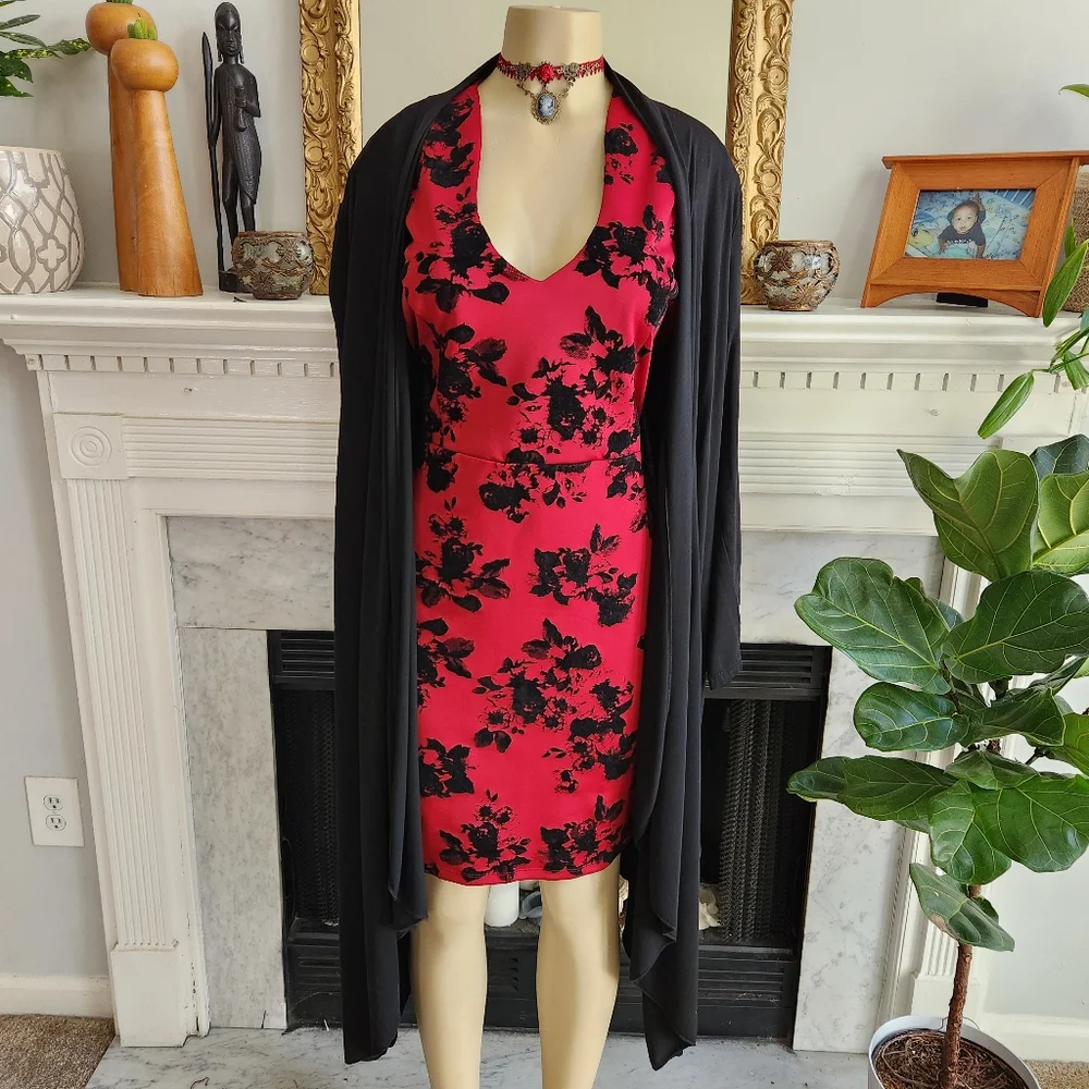 Fifth & Park Red Sheath Dress Black Velvet Floral Vampire Old Hollywood Size 14
